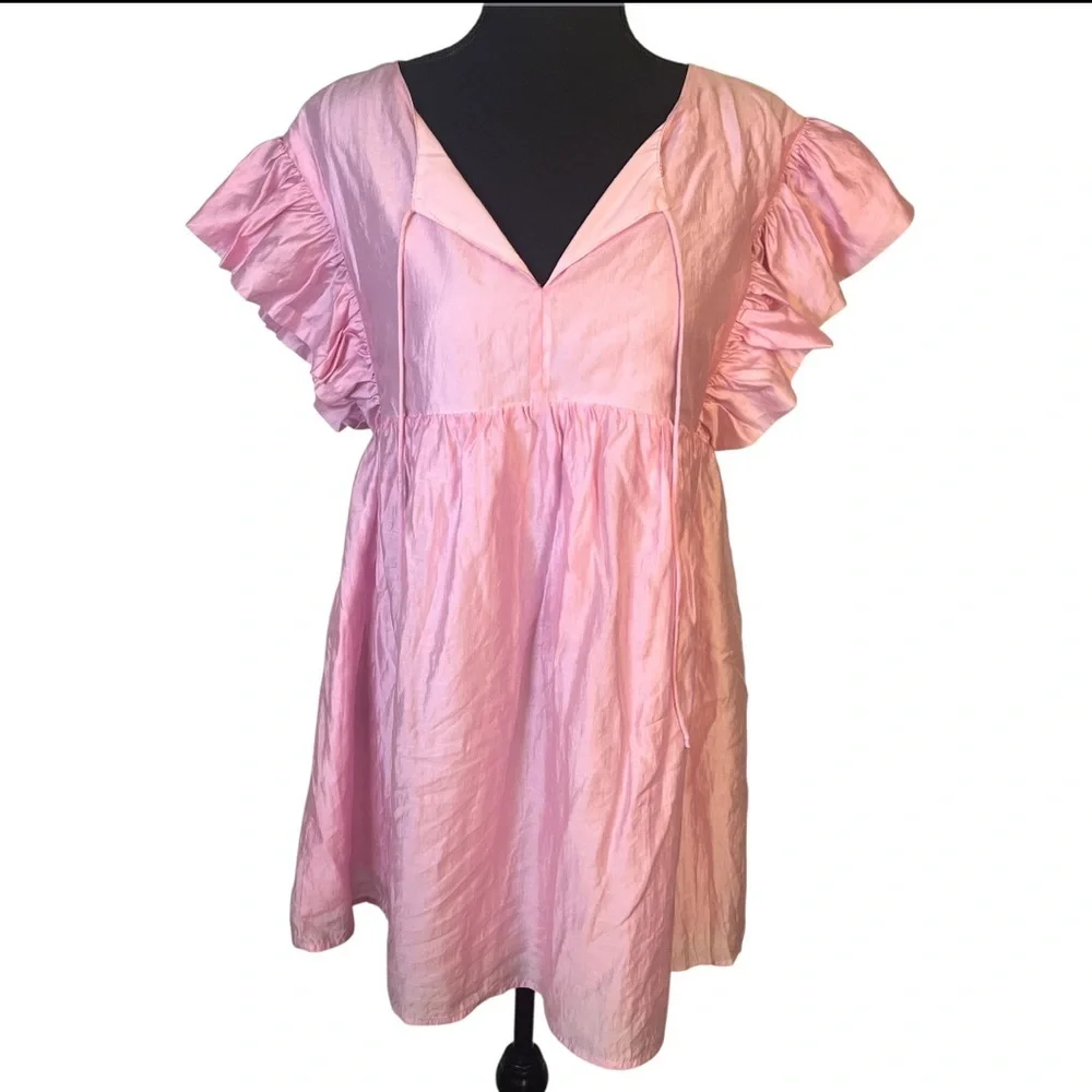 Storia Pink Babydoll Mini Dress Sz M V Neck Flitter Sleeves Satin Sheen Rush